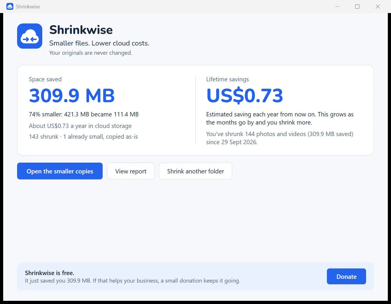 Shrinkwise results: space saved and lifetime savings