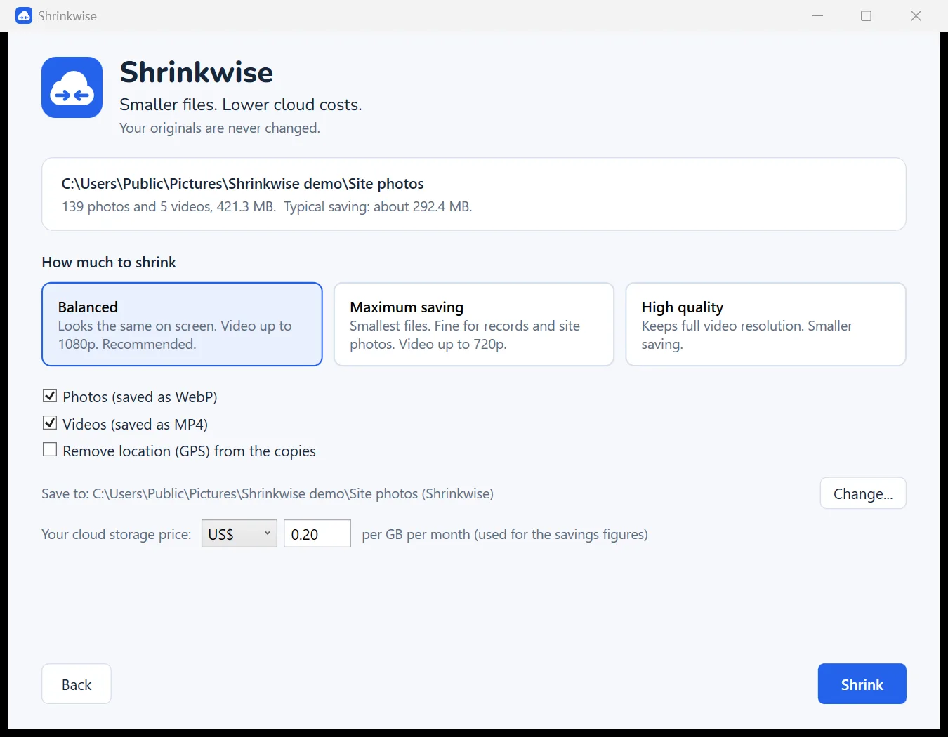 Shrinkwise showing a folder of 139 photos and 5 videos ready to shrink, with Balanced, Maximum saving and High quality presets